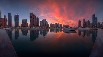 Wall Mural - panoramic view of dubai marina at sunset with water reflections and city skyline in the background