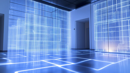Poster - Futuristic room with glowing blue digital grid lines on walls and floor, creating high tech atmosphere. space is illuminated with modern, sleek design, suggesting innovation and technology