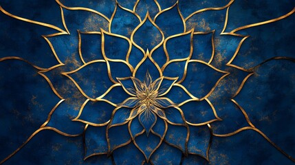 Poster - Abstract web design, intricate golden lines on deep blue background, suitable for tech themes, digital design projects.