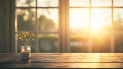 Wall Mural - Sunset view through window, flowers on table