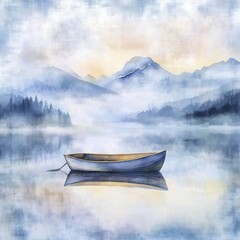 Poster - Rowboat floats peacefully on a calm mountain lake under a tranquil sky. Generative AI