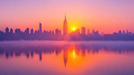 Wall Mural - stunning sunset view of manhattan skyline over new york city with vibrant colors and silhouetted bui