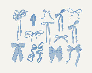 Wall Mural - Ribbon bows hand drawn sketch drawing with fill of blue on light background