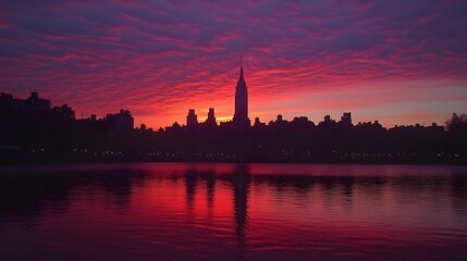 Wall Mural - stunning sunset view of manhattan skyline with red sky over new york city at dusk