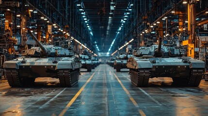 Poster - A formidable lineup of military tanks stands ready within a sprawling industrial space, illuminated by overhead lights. The atmosphere reflects the power and precision of modern warfare preparations
