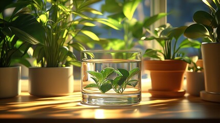 Wall Mural - Sunlight illuminates plants, a glass of water propagates cuttings on a windowsill