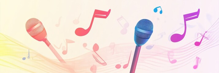 Poster - Minimalist K pop inspired design featuring vibrant microphones and floating music notes against a soft pastel background. Generative AI