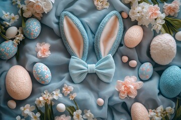 Sticker - Easter bunny ears costume surrounded by decorative easter eggs and flowers on soft fabric. Concept features easter bunny ears costume for playful and festive celebrations