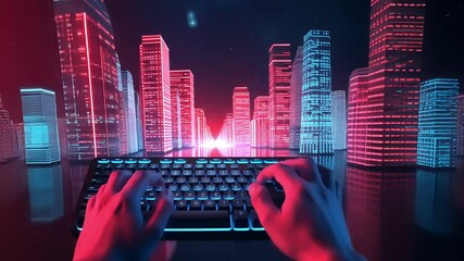 Fototapete - Hands typing on laptop keyboard with futuristic holographic software projection in neon light, showcasing innovative technology and programming expertise