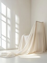 Fototapete - Minimalist clothing display with flowing fabric in bright, neutral setting showcasing simplicity and elegance in design. Generative AI