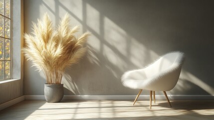 Poster - Sunny room, fluffy chair, pampas grass, autumn view, interior design