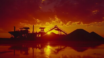 Wall Mural - industrial gravel pit at sunset with a large orange sky and silhouettes of machinery and gravel pile