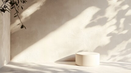 Poster - A calming ambiance created by soft shadows dances across a smooth surface, highlighting a circular pedestal in a chic, minimalist space. Natural elements blend with modern design