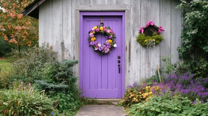 Sticker - A beautiful purple door with floral wreaths and bright bows, standing in a peaceful, picturesque garden.