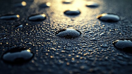 Poster - Sunset Condensation Drops on Dark Surface, Background Blur