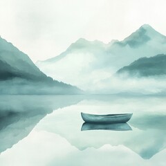 Wall Mural - Serene watercolor art depicting a lone rowboat drifting on a calm mountain lake under a clear sky. Generative AI