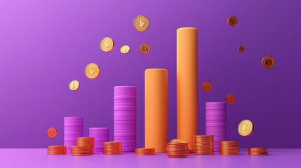 Sticker - Business profits, rising bar graph with golden coins, 3D illustration.