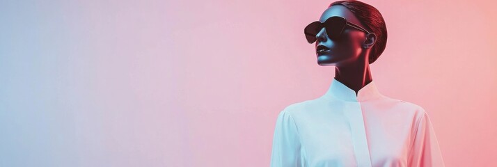 Poster - Stylish mannequin showcases modern outfit against a pastel background with clean lighting for text placement. Generative AI