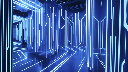Poster - Futuristic corridor with glowing blue neon lights and geometric patterns, creating digital and immersive atmosphere