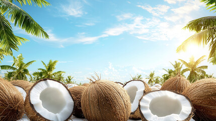 Poster - A bunch of coconuts are on a table with a blue sky in the background