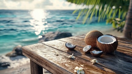 Poster - A table with a few pieces of coconut on it, with the ocean in the background
