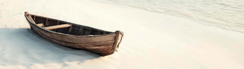  Small wooden boat resting on a serene white sand beach under a bright sky