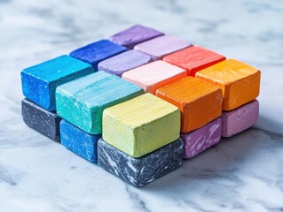 Poster - Vibrant pastel chalk stacks on marble surface artistic display creative environment top down view colorful concept