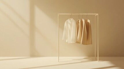 Fototapete - Minimalist clothing rack displaying neatly arranged garments in soft natural light. Generative AI