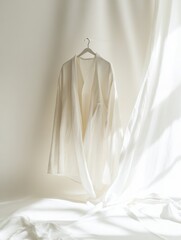 Fototapete - Minimalist clothing display with soft draping on white neutral background highlighting elegant simplicity. Generative AI