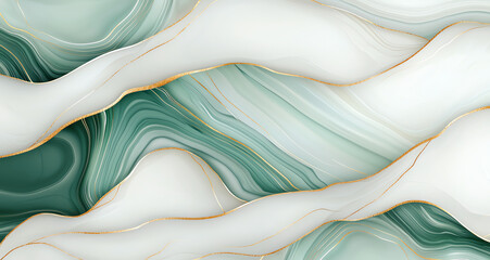 Poster - Elegant abstract marble texture with green and white waves, featuring golden accents. This high resolution design is perfect for backgrounds and modern decor