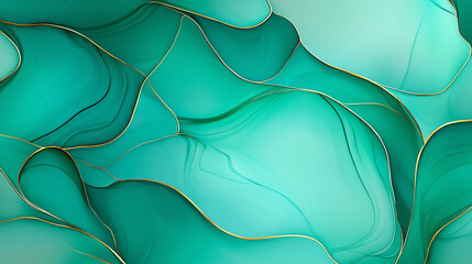 Poster - Abstract background with emerald and teal fluid shapes, featuring delicate golden lines that enhance visual depth and elegance of design