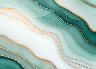 Poster - Abstract background with green and gold marble texture, featuring flowing waves and smooth gradients. This design evokes sense of calm and elegance, perfect for various creative projects