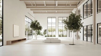 Wall Mural - Modern minimalist lobby with trees, large windows, and light wood