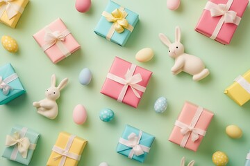 Wall Mural - Colorful easter gift wrapped box decorates tabletop with soft bunny and decorative eggs. Concept showcases easter gift wrapped box with joyful seasonal spirit and vibrant colors