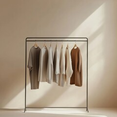 Poster - Minimalist clothing rack displays neatly arranged garments in soft, warm tones in a well lit space. Generative AI