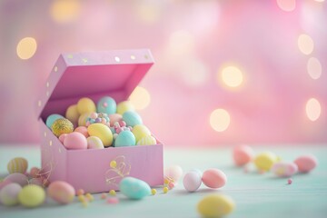 Wall Mural - Easter gift wrapped box overflowing with colorful eggs and decorations. Concept showcases easter gift wrapped box, symbolizing joy and celebration during festive seasons