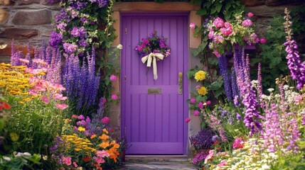 Wall Mural - A charming purple door, surrounded by colorful flowers and tied with bows, adding a magical touch to a garden entrance.