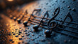 © zahidyounas - music notes, treble clef, sheet music, water droplets, macro photography, metallic surface, golden reflections, bokeh, shallow depth of field, atmospheric, moody lighting, musical concept, detailed te
