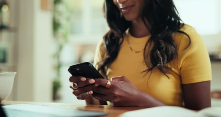 Aufkleber - Texting, mobile or hands of woman in home on social media for break in freelancing service. Notification, remote work or female person with phone in apartment for typing message and online dating app