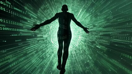 Fototapete - Human silhouette with open arms is floating in digital cyberspace tunnel and absorbing data flow, generating a futuristic and technological concept