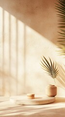 Poster - Soft natural light streams through shadowed lines, illuminating an elegant atmosphere with gentle hues. A stylish arrangement of a vase and a plant evokes a calming sense of beauty and tranquility