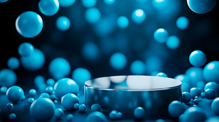 Poster - Abstract illustration of blue spheres floating above a reflective surface, creating a serene and futuristic atmosphere.