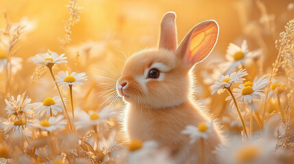 Wall Mural - A Frolicking Baby Bunny In A Meadow Full Of Daisies For Easter