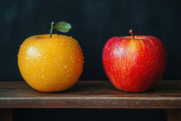 Poster - A Fresh Apple And Orange Displayed Side By Side On A Wooden Table