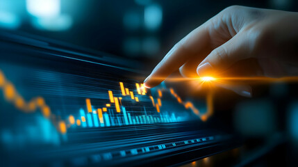 Poster - A close-up of a hand interacting with a digital chart, highlighting trends and financial analyses in a modern workspace.