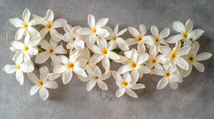 Aufkleber - Fresh white flowers with vibrant yellow centers are meticulously arranged on a smooth gray surface, showcasing nature's purity and elegance in a tranquil composition