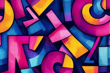 Poster - Abstract geometric artwork with vibrant pink, blue, and yellow shapes on a textured background.