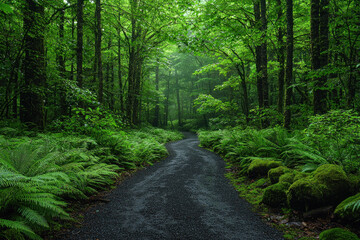 Wall Mural - Forest road winds through lush ferns, misty trees. Ideal for nature, travel themes