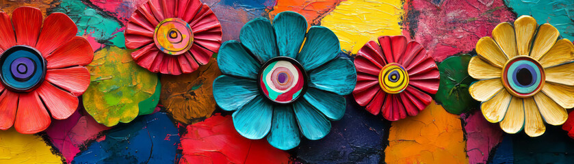 Poster - Circular arrangement of abstract flowers with vibrant African inspired textures on bright background