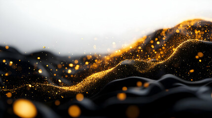 Poster - A mesmerizing abstract artwork featuring golden particles flowing on a dark surface, creating an elegant visual contrast.